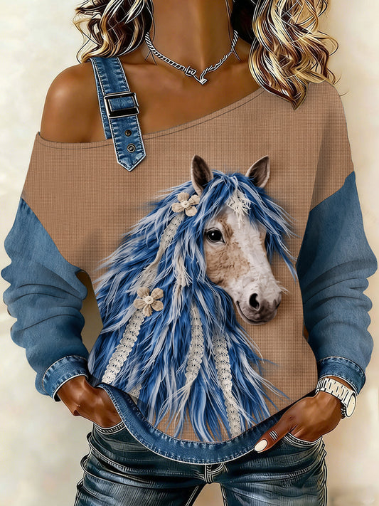Women's Vintage Horse Art Patchwork Print Casual Off-Shoulder Sweatshirt