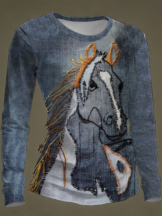 Women's Vintage Horse Art  Round neck long sleeve T-shirt