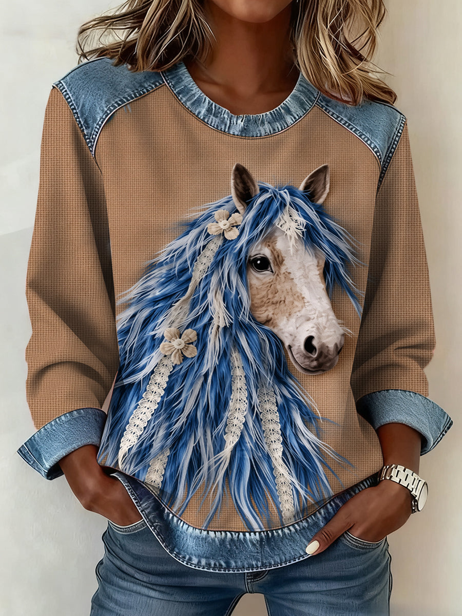 Women's Vintage Horse Art Denim Patchwork Sweatshirt