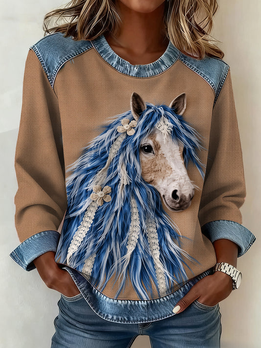 Women's Vintage Horse Art Denim Patchwork Sweatshirt